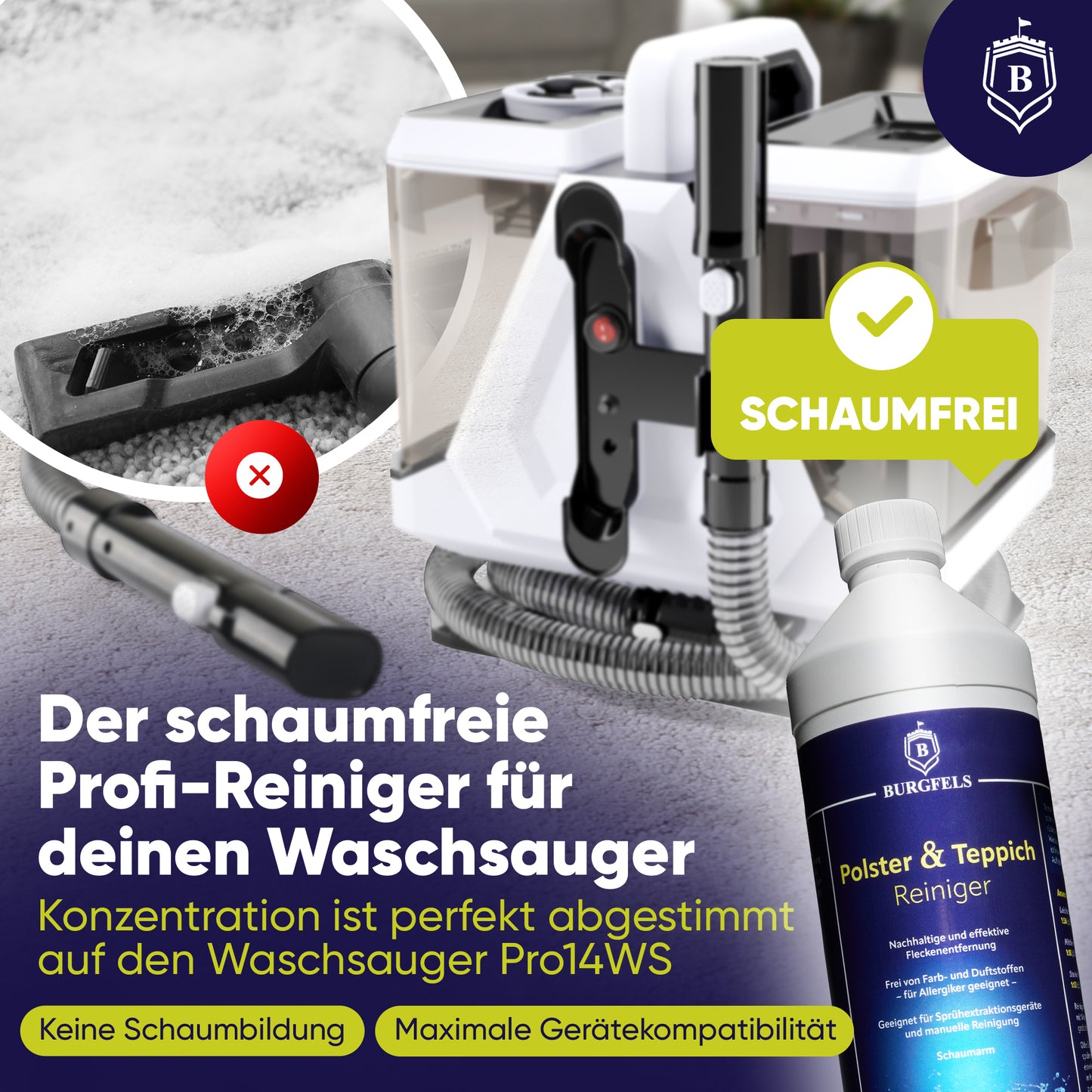 Burgfels Teppich und Polsterreiniger als Teppichreiniger für Waschsauger, Nasssauger Polsterreiniger Auto, Nass Trockensauger Konzentart |Teppich Sofa Polster Matratze Auto